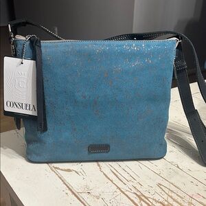 Consuela Turquoise Blue Leather Crossbody with Copper Flecks
